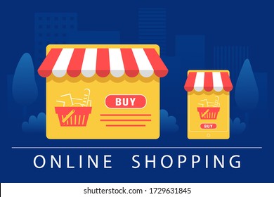 
Shopping online on a website or mobile application. Horizontal vector illustration with city.