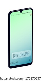 Shopping online on a website or in a mobile application. Smartphone with buy online button. Digital Marketing Vector Concept
