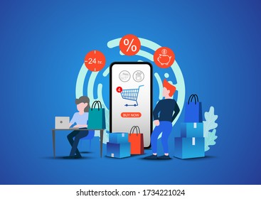 Shopping Online on Website or Mobile Application Vector Concept Marketing and Digital.Sale Discount background for the online store