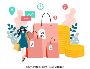 Comprar en línea en sitio web o en marketing digital y marketing por concepto de vectores de aplicaciones móviles. 
