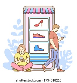 Shopping Online on Website or Mobile Application Vector Concept Marketing and Digital marketing. 
