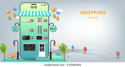 Shopping Online on Website or Mobile Application Vector Concept Marketing and Digital marketing, Online Application Delivery service concept.