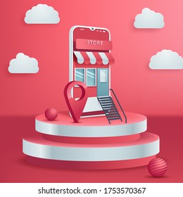 Comprar en línea en sitio web o en marketing digital y marketing por concepto de vectores de aplicaciones móviles. Ilustración del vector