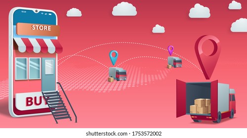 Comprar en línea en sitio web o en marketing digital y marketing por concepto de vectores de aplicaciones móviles. Ilustración del vector