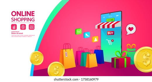 Shopping Online on Website or Mobile Application vector illustration.