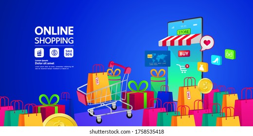 Shopping Online on Website or Mobile Application vector illustration.