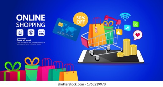 Shopping Online on Website or Mobile Application vector illustration.