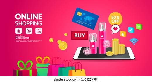 Comprar en línea en un sitio web o en una ilustración vectorial de aplicación móvil.