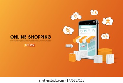 Shopping Online on Website or Mobile Application Vector Concept Marketing and Digital marketing, Mobile phone represent of front of shop store.