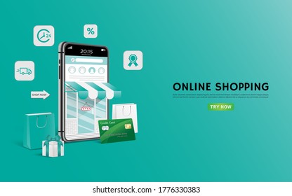 Shopping Online on Website or Mobile Application Vector Concept Marketing and Digital marketing with green card.