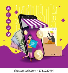 Shopping Online on Website or Mobile Application Vector Concept Marketing and Digital marketing.
