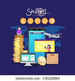 Shopping Online on Website or Mobile Application Vector Concept Marketing and Digital marketing.
