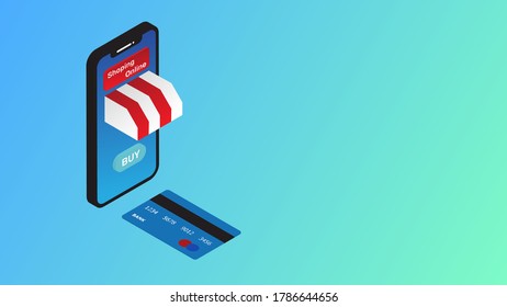 Compras en línea en sitio web o aplicación móvil, concepto isométrico, marketing y marketing digital
