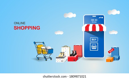 Shopping Online on Website or Mobile Application Concept Modern Digital marketing. Blue Background. Vector illustration
