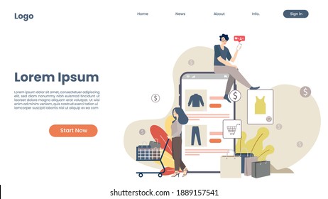 Shopping Online on Website or Mobile Application Vector Concept Marketing and Digital marketing. Happy people shopping online and smartphone app. Creative website template design. Vector illustration 
