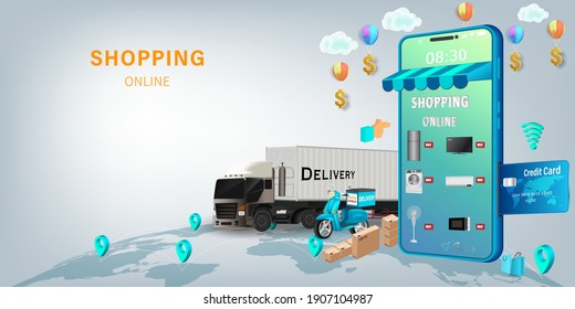 Shopping Online on Website or Mobile Application Vector Concept Marketing and Digital marketing, Online Application Delivery service concept.
