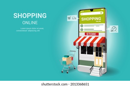 Shopping online on website or mobile application. Modern marketing and Digital marketing. Internet e-commerce. Online store. Use for website and banner. 3D vector illustration