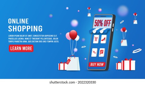 Shopping Online on Website or Mobile Application with 3d Smartphone and shopping bag. Concept Marketing and Digital marketing. 
Vector illustration Eps10