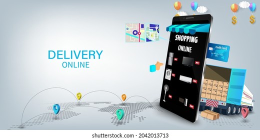 Shopping Online on Website or Mobile Application Vector Concept Marketing and Digital marketing, Online Application Delivery service concept.