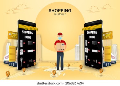 Shopping Online on Website or Mobile Application Vector Concept Marketing and Digital marketing, Online Application Delivery service concept.