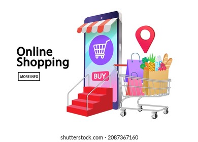 Shopping Online on Website or Mobile Application. A cart with shopping bags placed inside. Flat vector design isolated on white background.