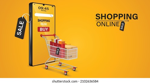 Shopping Online on Website or Mobile Application Vector Concept Marketing and Digital marketing, Long Background