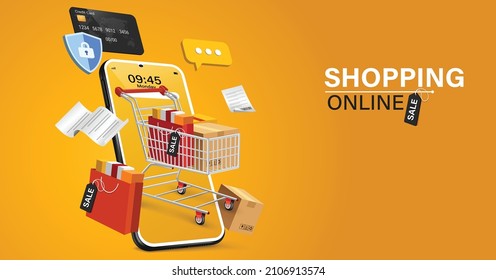 Shopping Online on Website or Mobile Application Vector Concept Marketing and Digital marketing.Online shopping store with mobile , credit cards and shop elements.Vector illustration.	 - Shutterstock ID 2106913574
