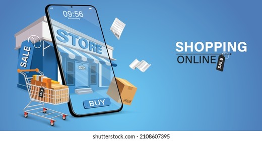 Shopping Online on Website or Mobile Application Vector Concept Marketing and Digital marketing.Online shopping store with mobile , credit cards and shop elements.Vector illustration.