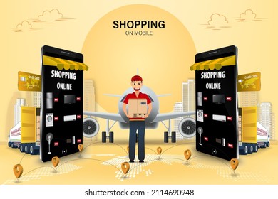 Shopping Online on Website or Mobile Application Vector Concept Marketing and Digital marketing, Online Application Delivery service concept.