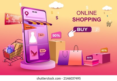 Shopping Online on Website or Mobile Application 
Concept Marketing and Digital marketing.vector

