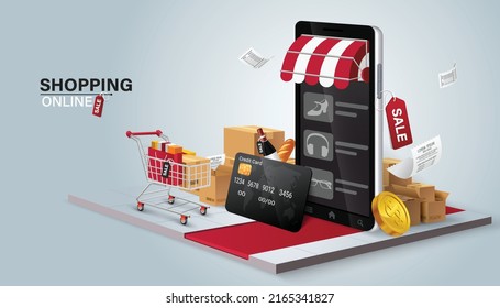 Shopping Online auf der Website oder Mobile Application Vector Concept Marketing und Digital Marketing.
mobile Online-Shopping-App Illustration.Online-Shopping-Konzept. Kreditkartenausgaben.Vektor