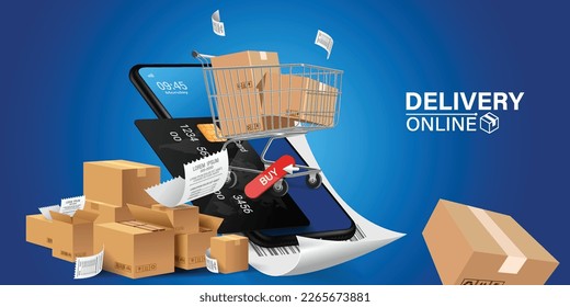 Comprar en línea en el sitio web o en el mercado digital de vectores de aplicaciones móviles.Tienda de compras en línea con móviles, tarjetas de crédito y elementos de la tienda.Ilustración de vectores.