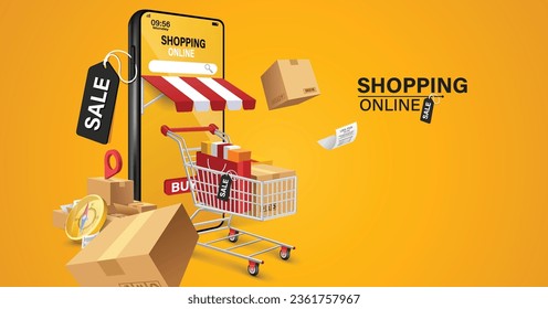 Shopping Online on Website or Mobile Application Vector Concept Marketing and Digital marketing.Online shopping store with mobile , credit cards and shop elements.Vector illustration.	