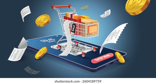 Shopping Online on Website or Mobile Application Vector Concept Marketing and Digital marketing.Online shopping store with mobile , credit cards and shop elements.Vector illustration.