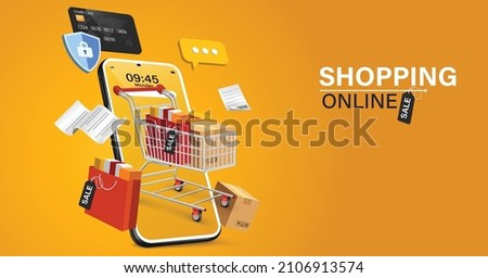 Shopping Online on Website or Mobile Application Vector Concept Marketing and Digital marketing.Online shopping store with mobile , credit cards and shop elements.Vector illustration.	