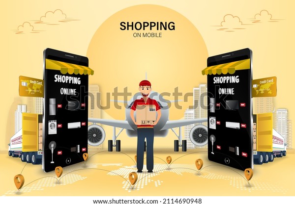 Shopping Online on Website or Mobile Application\
Vector Concept Marketing and Digital marketing, Online Application\
Delivery service\
concept.
