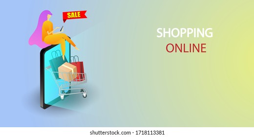 Shopping Online on Website, service package appear from screen phone by courier at home.