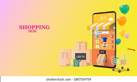 Shopping Online on Website or social commerce Mobile Application 3d Vector illustration Concept. Digital Marketing wide variety of products and convenience.