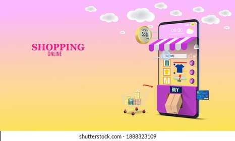 Shopping Online on Website or social commerce Mobile Application Vector illustration Concept. develop business Digital Marketing wide variety of products and convenience. design, banner, poster