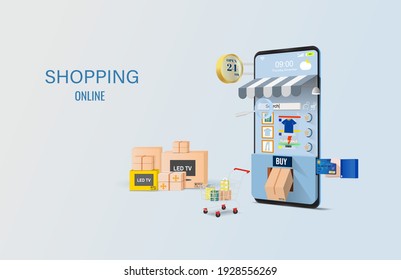 Comprar en línea en sitio web o comercio social móvil Aplicación 3d Ilustración vectorial Concepto. desarrollar el marketing digital de negocios amplia variedad de productos y diseño de conveniencia, banner, afiche