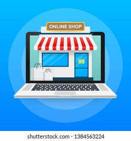 Shopping Online on Website. Online store, shop concept on laptop screen. Vector stock illustration.