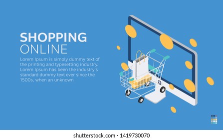 Shopping Online on Website Vector Concept Marketing and Digital marketing. Horizontal view. Isometric view. 
