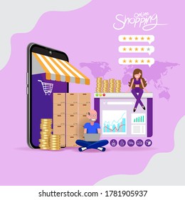 Compras en línea en el sitio web de marketing conceptual y marketing digital.