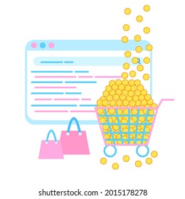 Comprar en línea en el sitio web. Ilustración vectorial. Compras en línea en aplicaciones de medios sociales.