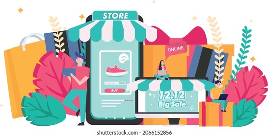 Compras en línea en sitio web, concepto de vector