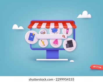 Shopping online auf der Website. Vector Concept Marketing und digitales Marketing. 3D-Vektorgrafiken.