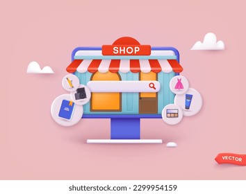 Comprar en línea en el sitio web. El marketing de concepto de vectores y el marketing digital. Ilustraciones de vectores 3D.