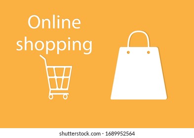 Shopping Online on white and yellow background,Modern flat design concept of web page design for website website,Shopping cart with bags background. Vector illustration.