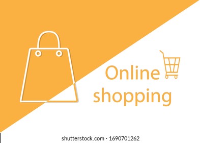 Compras en línea con fondo blanco y amarillo,Diseño plano moderno concepto de diseño de página web para sitio web,Carro de compras con fondo de bolsas. Ilustración vectorial.