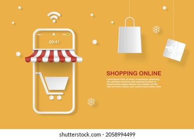 Shopping online paper cut concept background. Marketing online concept. online advertising media.